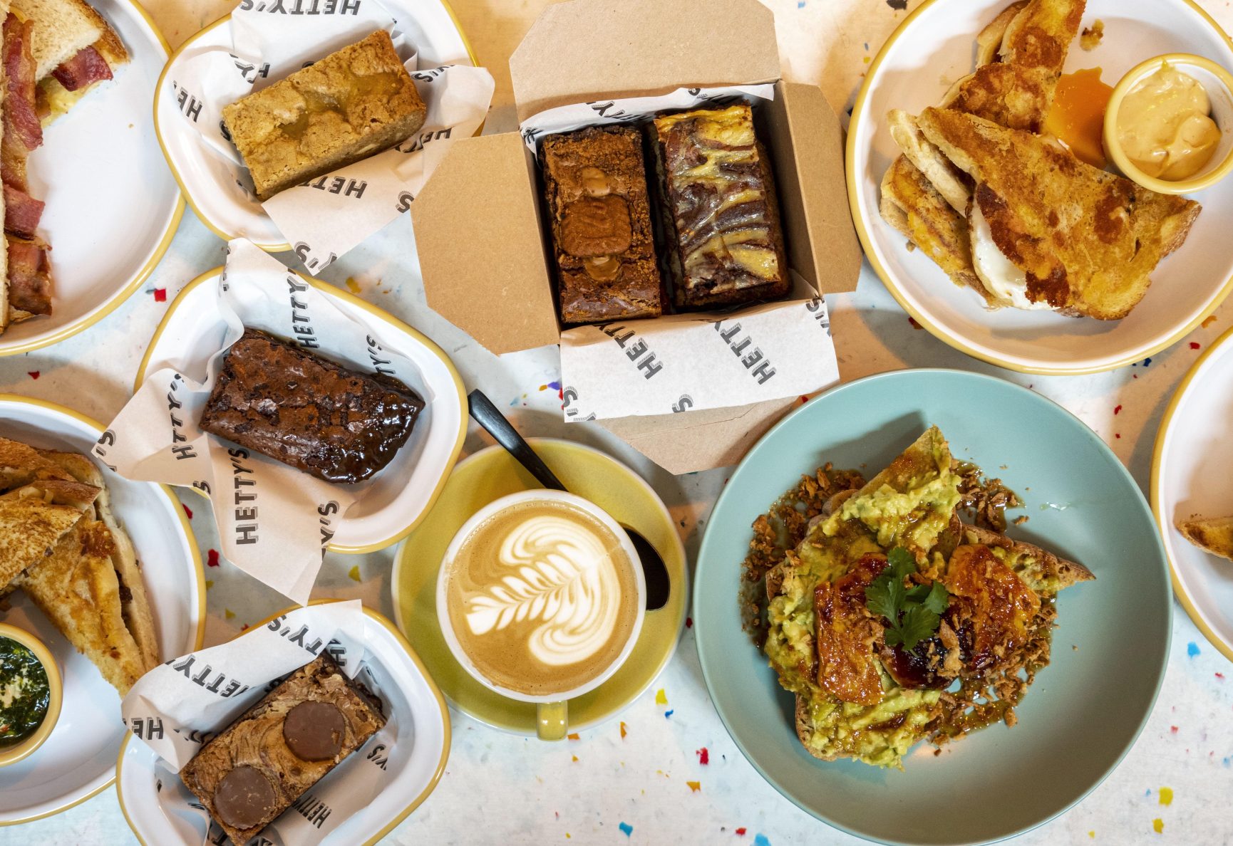 A collection of Hetty's treats from brownies to breakfast and coffees.